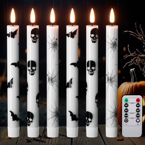 GenSwin Flameless Taper Candles with Remote Timer, 6Pcs LED Flickering Taper Candles Battery Operated Real Wax with Spider Webs/Skull/Bats Decals for Halloween Spooky Decoration (White, 0.78”x9.65”) by GenSwin