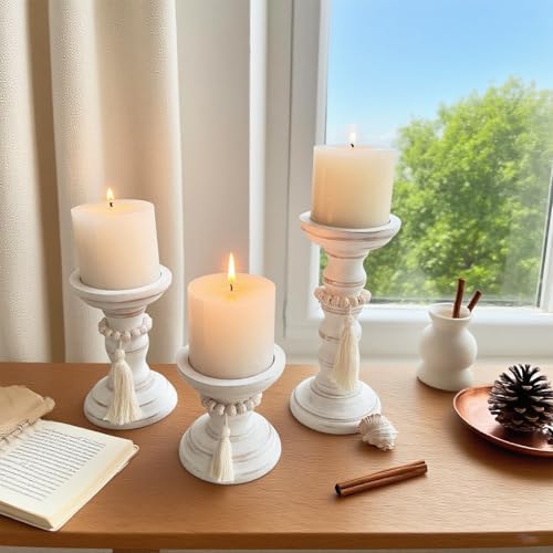 Wood Candle Holders for Pillar Set of 3 Rustic Candles Holder Tall Candlestick Stand for Farmhouse Decor Fireplace Table Centerpieces - Image 3