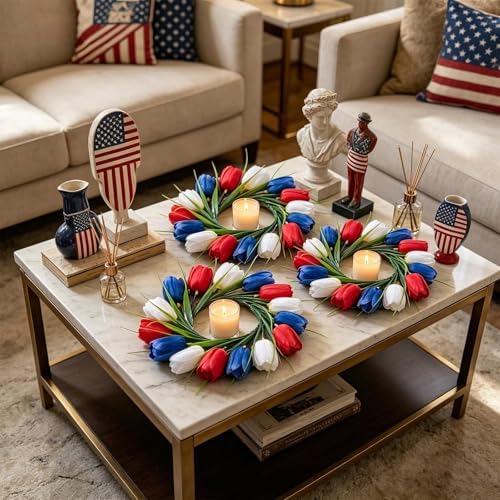 4 PCS 4th of July Candle Rings Wreaths Patriotic Tulip Silk Memorial Day American Flag Floral Candle Rings Holder with Red White and Blue Flower for Independence Day Labor Day Table Centerpiece Decor - Image 2