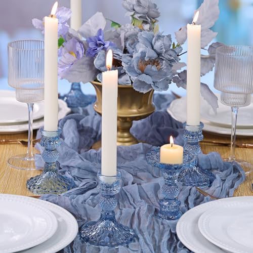 DARJEN 12Pcs 4" H Aqua Blue Candlestick Holders Set- Taper Candle Holders Bulk, Glass Candle Holders for Wedding, Party, Romantic Dinner Table Centerpieces, Festival Gifts & Windowsill Decor - Image 6