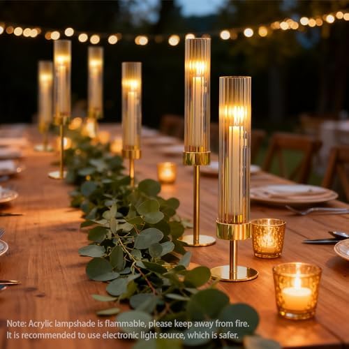 Metal & Acrylic Taper Candle Holders Set of 3 with Ribbed Design - Hurricane Clear Cylinder Candelabra for Wedding, Christmas, Party, Dining Table Centerpiece Decor (Gold, Set of 3) - Image 4
