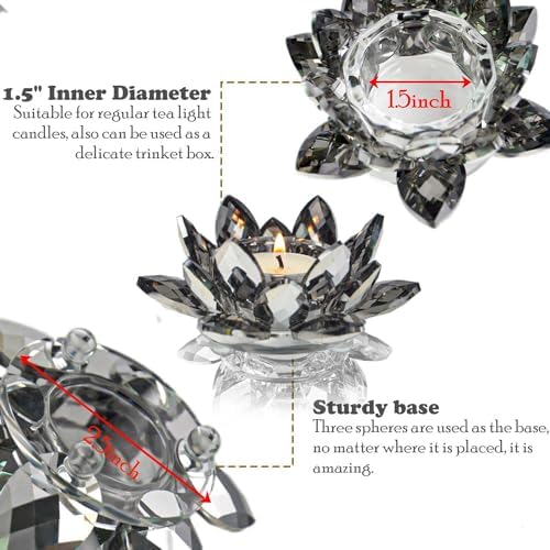Lotus Black Crystal Tea Candle Holder Crystal Wishing Tealight Candlestick Stand Exquisite Desktop Decoration Holiday Celebration Wedding Restaurant Party Atmosphere Decoration (4 Pcs, Dark Grey) - Image 2