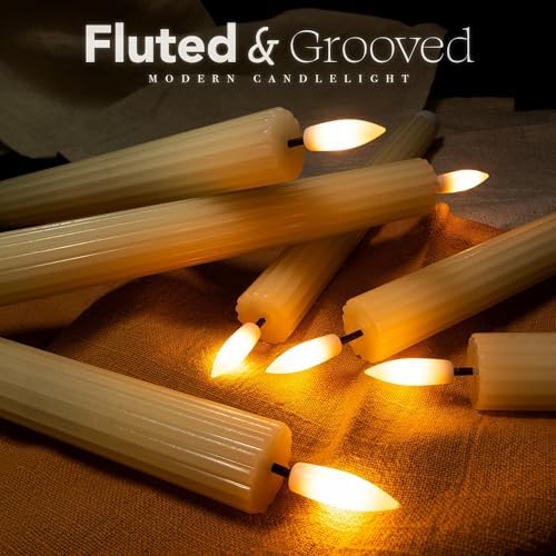 6 Pack, 10" LED Flameless Real Wax Ivory Fluted Ribbed Grooved Taper Candles, Remote & 24h Timer Memory, On/Off Button, Dimmable, Flicker Mode, Battery Operated, Wedding - Image 3