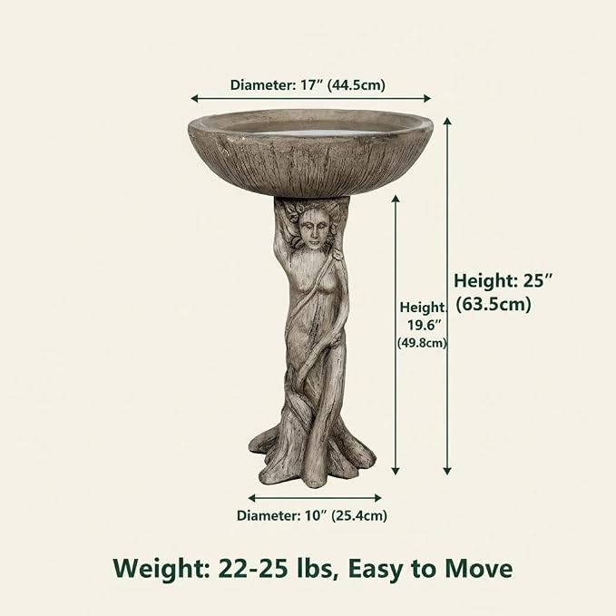 SunJet 25” High x 17” Diameter Outdoor Bird Bath with Goddess Pedestal Design - Fibre Reinforced Concrete Birdbaths for Garden, Patio, Yard, Lawn Décor