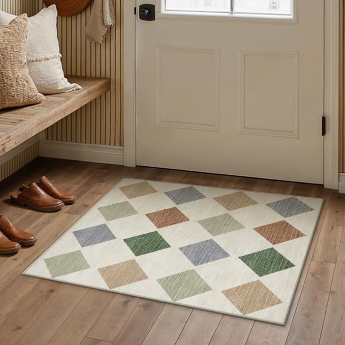 2x3 Washable Area Rug Entryway Colorful Non Slip Checkered Doormat | Soft, Low Pile, Easy Clean, Diamond Pattern for Kitchen, Hallway, Bathroom, Laundry Room, Modern Neutral Decor
