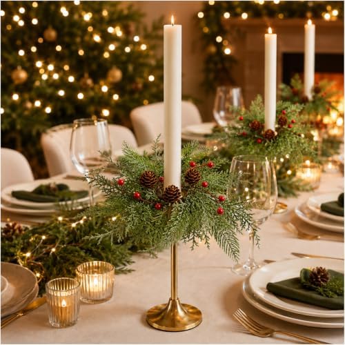 4 PCS 1.38" Mini Christmas Pine Taper Candle Rings Holder Wreaths - Image 2