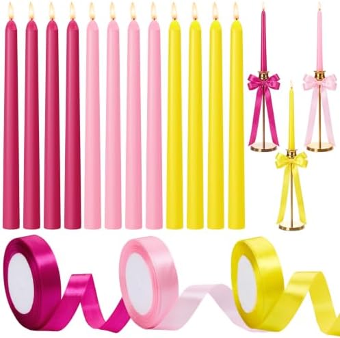 12 Pcs Pink and Yellow Party Taper Candles with 3 Roll Ribbon by Windkream