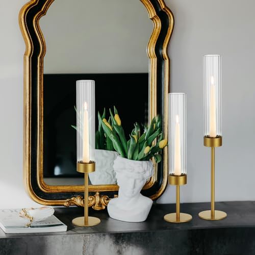 Set of 6 Ribbed Glass Hurricane Candle Holders Gold Metal Base - Image 6