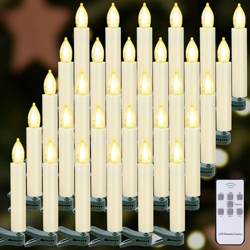 LED Christmas Candles, Flickering Clip on Candles for Christmas Tree, Battery Operated with Remote Timer, Warm White Light, Flameless Taper Candle for Home Christmas Decor, Set of 30 by Unknown