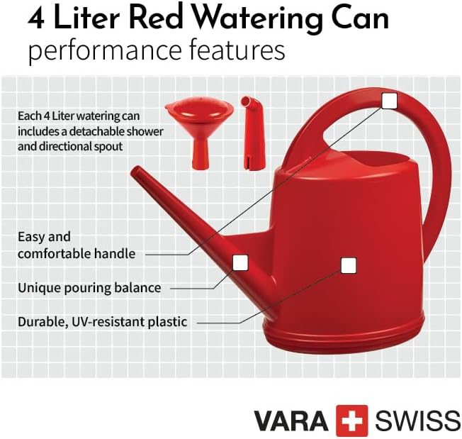 Consolidated Plastics Durable Swiss Watering Can with UV Protection, Ergonomic Handle for Indoor/Outdoor Gardening, Made in Switzerland (4 Liter, Red)