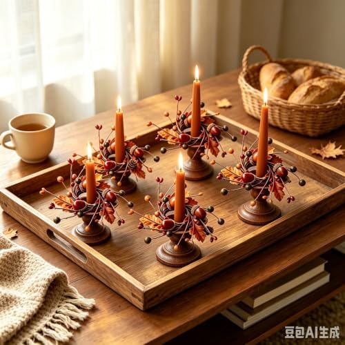6 Pcs 1.38" Mini Fall Thanksgiving Taper Candle Rings Wreaths Small Artificial with Autumn Oak Leaves Acorns Berries Taper Candle Holder Wreath for Candlesticks Table Centerpieces Harvest Decor - Image 5