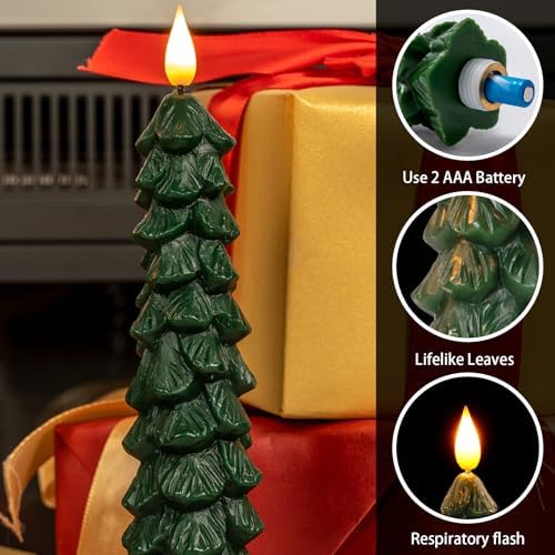 Homemory 3 Pcs Christmas Tree Candles with Remote, Waxy Flameless Taper Candles Flickering, Green LED Candlesticks Battery Operated for New Year Celebration Holiday Decorations 9.7 Inches - Image 2