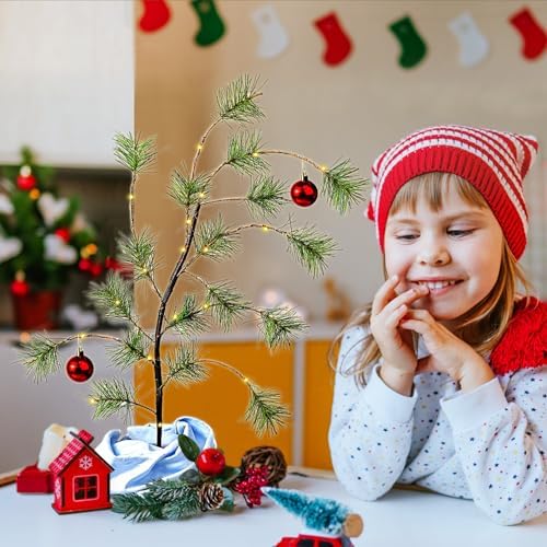 24" Tabletop Christmas Tree with Red Glossy Ball, Wooden Stand Mini Christmas Bent Tree with Blue Blanket Holiday Décor,Holiday Memories Decorations Gift - Image 3