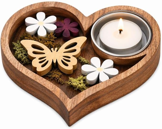 Handmade Wooden Tea Light Holder, Heart Shape with Floral Cutout Design - 2pack by SpicyTabanca