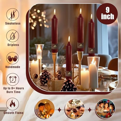 Red Taper Candles Sticks Unscented 9 inch Tapered Candle Ideal as Dinner Smokeless Long Burning Candlesticks for Weddings Dinner Party Home Decor - Image 4