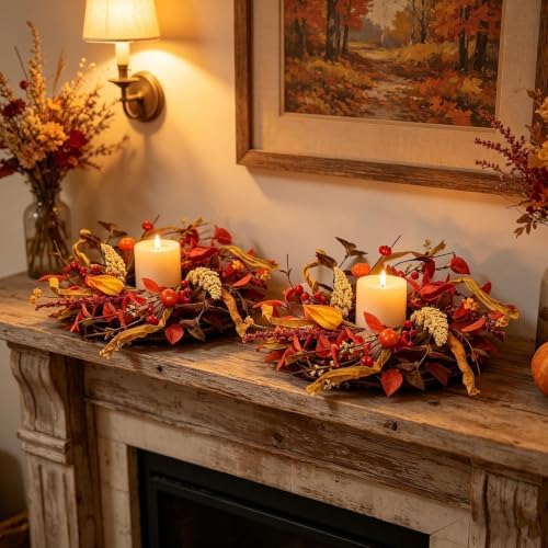 Fall Candle Ring Wreath, Artificial Autumn Berry Grain Candle Holder Wreath, Small Harvest Candle Ring with Red Berries Foliage for Thanksgiving Table Centerpiece Home Decor - Image 5