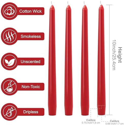 Red Taper Candles 10-Inch - Dripless Tall Christmas 12 Pack Tapered Candlesticks Unscented Smokeless Long Slow Burning Red Candle Sticks Paraffin Wax for Dinner Valentine’s Day Decor - Image 3