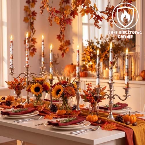 Lounsweer 8 Pcs Fall Flameless Taper Candles LED Candles 10'' Wick Flickering Electric Tall Flameless Candlesticks Battery Operated for Thanksgiving Fall Autumn Home Party Decor - Image 2