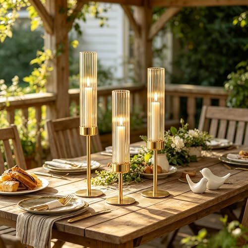 Hurricane Candle Holders Brass Gold Candlestick Holders Tall Taper Candle Holders for Candlesticks Candle Sticks Holder Decor for Table Centerpiece Wedding Party Decorations (Gold-Ribbed Glass 3pcs) - Image 4
