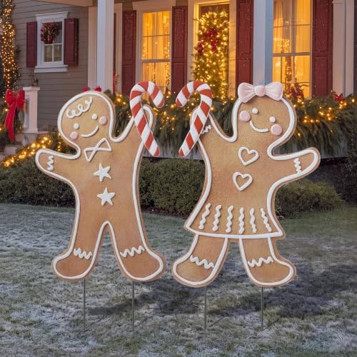 2 Pack Christmas Yard Stake, Gingerbread Couple Candy Metal Stake by Memorywuu