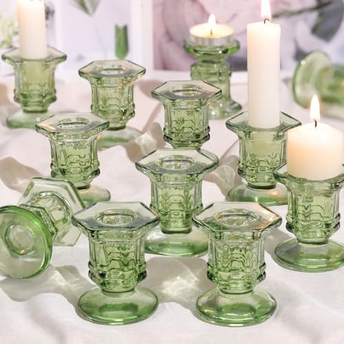 Lanttu 12 Pcs Green Candlestick Holders Bulk Glass Candle Holders Set - Image 3