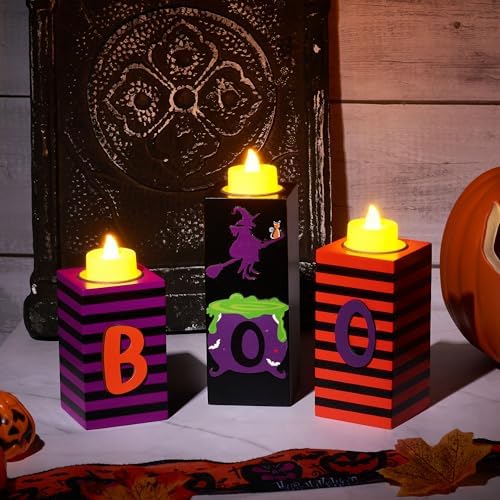 BlcTec Halloween Decorations, 3 PCS Halloween Wood Candle Holders with LED Tea Lights & 3D Carving Craft, Boo Wood Candle Centerpieces for Home, Table, Office, Tiered Tray, Shelf Décor, Witch Color - Image 4