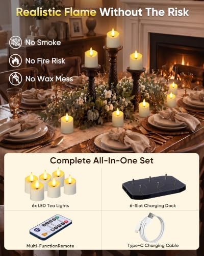 Homemory 6 Pack Rechargeable Tea Light Candles with Remote, 2/4/6/8H Timer - Image 4