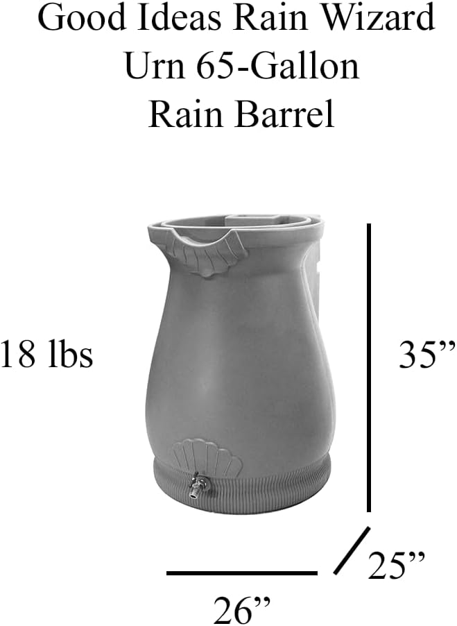 Good Ideas Rain Wizard Plastic Resin Urn, 65 Gallon Rain Barrel with Self-Draining Planter Top and Meshed Screen to Block Debris, Sandstone