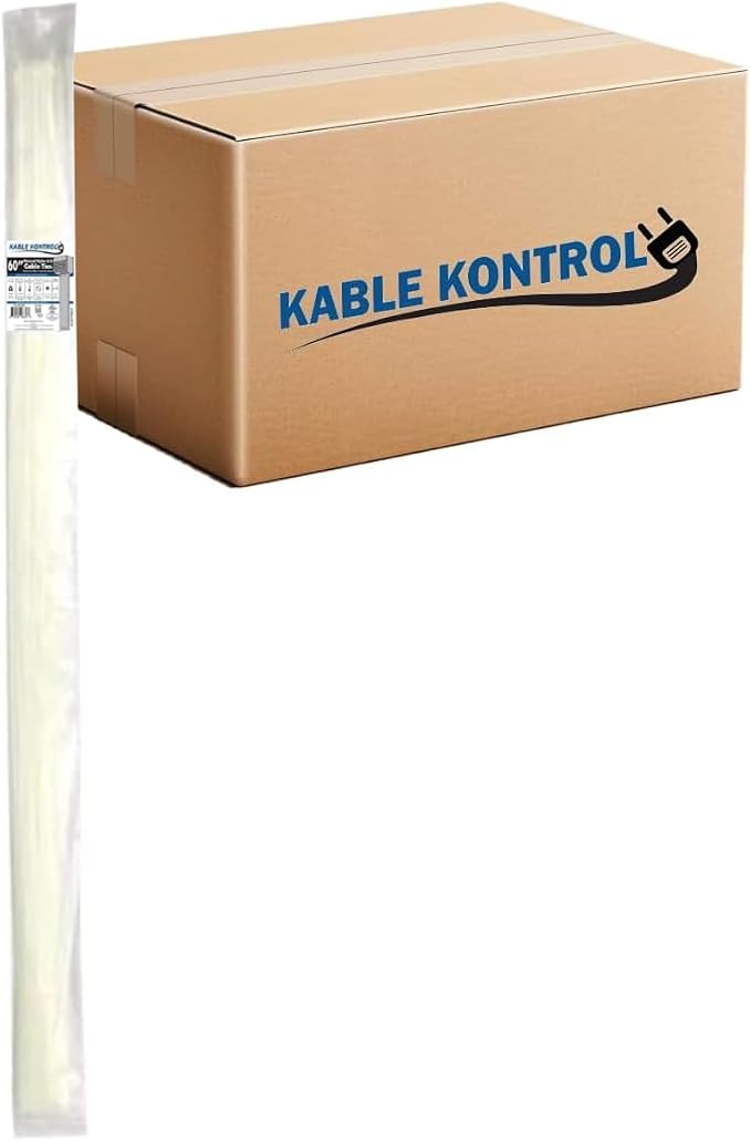 Kable Kontrol Cable Zip Ties Natural White 500 Pcs 60 Inch, 175 Lbs Tensile Strength, Bulk Pack, Self-locking Natural Nylon Clear Plastic Wire Ties wraps for Indoor or Outdoor Use