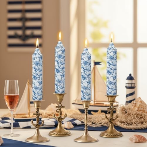 7 Inch Blue and White Taper Candles Short Chunky Candle Sticks Handmade Unscented Smokeless Chinoiserie Floral Thick Candles for Nautical Ceremony Dining Table Everyday Meals Family Dinner Elegance - Image 6