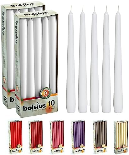 BOLSIUS 20 Count Unscented 10 Inch White Household Taper Candles - 8 Hours Burning Time - Premium European Quality - Smokeless Dripless Candlesticks - Perfect for Weddings, Parties, and Everyday Use by BOLSIUS