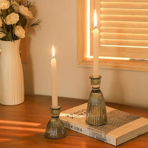 Vertical Stripe Candlestick Holders Set of 3, Premium Glass Candle Holders for Candlesticks and Taper Candles, Vintage Candle Holder Decor for Table Centerpiece, Green - Image 6