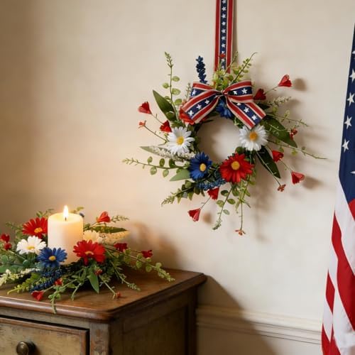 4 PCS Patriotic American Candle Rings Wreaths Artificial 4th of July Floral Candle Rings Holder with Daisy Flowers Mini July Independence Day Wreath for Party Home Table Centerpiece Decor - Image 4