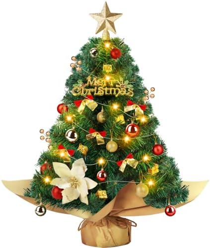 24 Inch Mini Christmas Tree Set with LED Lights, Tabletop Xmas Tree by DeckTheHalls