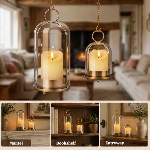 Brass Hurricane Handmade Sturdy Glass Dome Candle Holders with Glass Cover, Set of 2 Flameless Battery Operated LED Pillar Candles and Remote, Elegant Cloche Lantern for Modern Table Centerpiece - Image 6