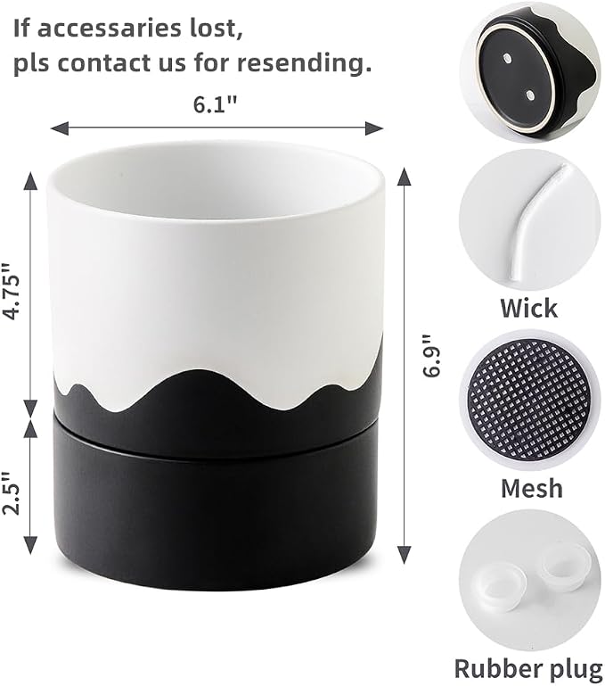 Nihow Ceramic Self Watering Plant Pot for Indoor Plants,6 Inch,White Black | Planter with Cotton Wick, Drainage Hole & Water Storage Plus, Cylinder Round Flower Pot, For Succulent/Herbs/Violets