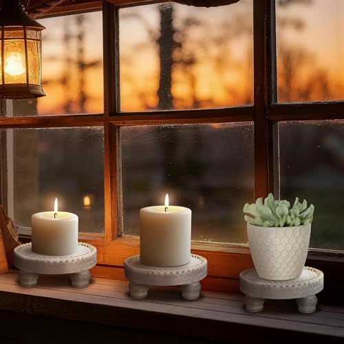 Farmhouse Round Wood Tray Riser, Pedestal Stand with Beaded Edge, Rustic Wooden Candle Trays Decor for Tiered Tray, Candle, Mug Display Decorative, Table Centerpiece, White - Image 3
