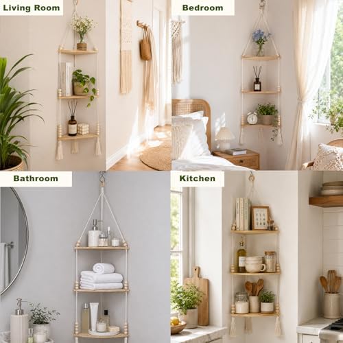 Artilady Macrame Corner Shelf Wall Hanging 3-Tier Adjust Boho Storage Decor - Image 2