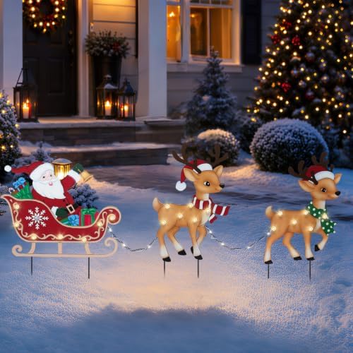 Christmas Yard Stake, Lighted Santa Sleigh Reindeer Outdoor Decor by MUMTOP
