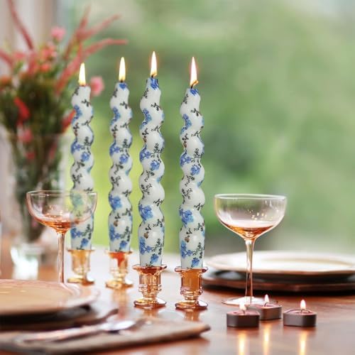 Spiral Print Taper Candles-Blue Floral Blend Pattern Unscented Candle 7.5Inch Flower Short Tapered Candlestick for Family Gatherings Weddings Restaurant Holiday Decorations Set of 4 - Image 3
