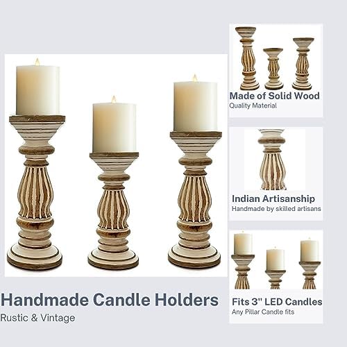 Perilla Home Wood Texture Candlestick Holders Set of 3 - Premium Candle Holders for Candlesticks, Taper Candles, Party, Anniversary, Dinning Table Vintage Candle Holder Centerpiece - (12" x 10" x8") - Image 2