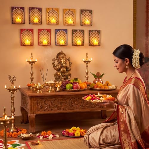 DoubleFill 20pcs Diwali Wooden Candle Holders for Wall Decor, Floral Lotus - Image 5