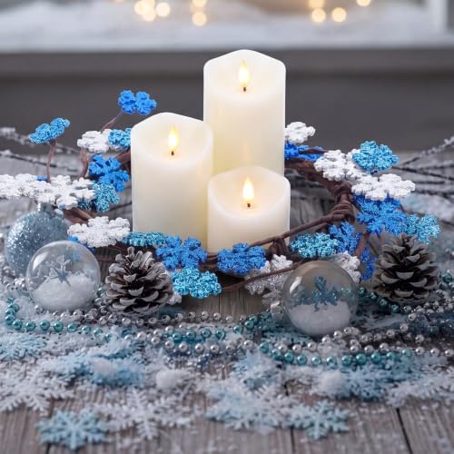 Daifunli 2 Pcs Winter Blue Snowflake Candle Rings Snowflake Wreath Glitter Vintage Wood Wreaths for Pillar 6 Inch Candles Holder for Winter Christmas Rustic Table Centerpiece Decor - Image 5