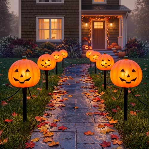 C7 Halloween Pumpkin Pathway Stake Lights, 7 Ft Halloween Pathway String Lights with 4 C7 Bulbs, Stake, Halloweens Decorations Driveway Markers Lights for Outdoor Holiday Garden Walkway Party Lighting by Doratale