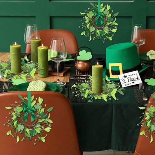 6 Pcs St.Patrick's Day Shamrocks Candle Wreath Artificial Clover Rings Wreath Lucky Irish Kitchen Cabinet Wreaths Pillars Candle Wreaths for Front Door Porch Wall Window Decoration - Image 3
