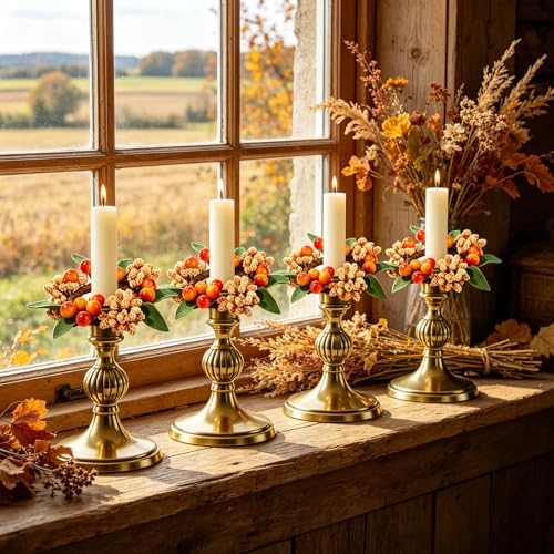 4 PCS Fall Taper Candle Rings Wreaths 1.38" Mini Thanksgiving Taper Candle Holder Wreaths with Berries Leaves Autumn Harvest Table Centerpieces Wreath for Wedding Farmhouse Home Candlesticks Decor - Image 5