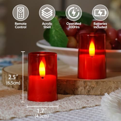 Flameless D: 1.7" H: 2.5" Small Tea Light LED Candles, Acrylic Battery Operated Votive with Remote Control and Timer, Tealight Red Flickering Warm Light Pack of 8 Electric Long Lasting - Image 3