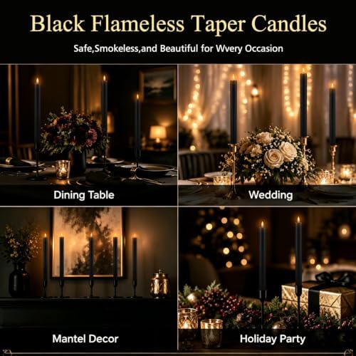 24 Pack Black Flameless Taper Candles with Remote, 9.5 Inch Battery Operated LED Candlesticks, Realistic 3D Flickering Flame, Real Wax Coating for Halloween, Gothic Wedding, Spooky Party & Home Decor - Image 6