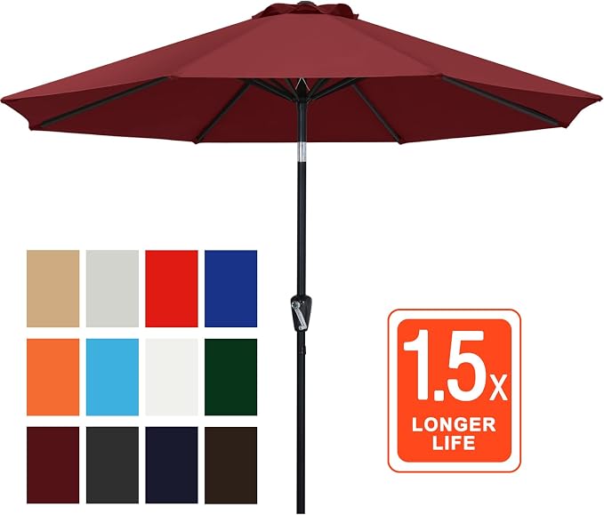 ABCCANOPY 10FT Patio Umbrella, Outdoor Waterproof Table Umbrella with Push Button Tilt and Crank, 8 Ribs UV Protection Pool Umbrella for Garden, Lawn, Deck & Backyard (Burgundy)