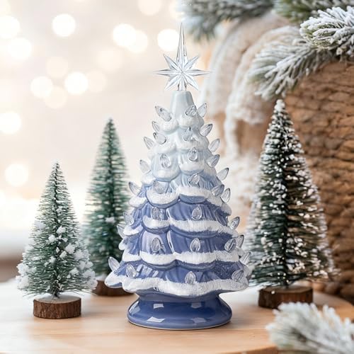 Sunlit Cordless Lighted Ceramic Christmas Tree Vintage Tabletop Christmas Decoration Pre-Lit Colorful Mini Light Bulbs 13" Traditional AA Battery Operated LED - Ombre Blue - Image 7